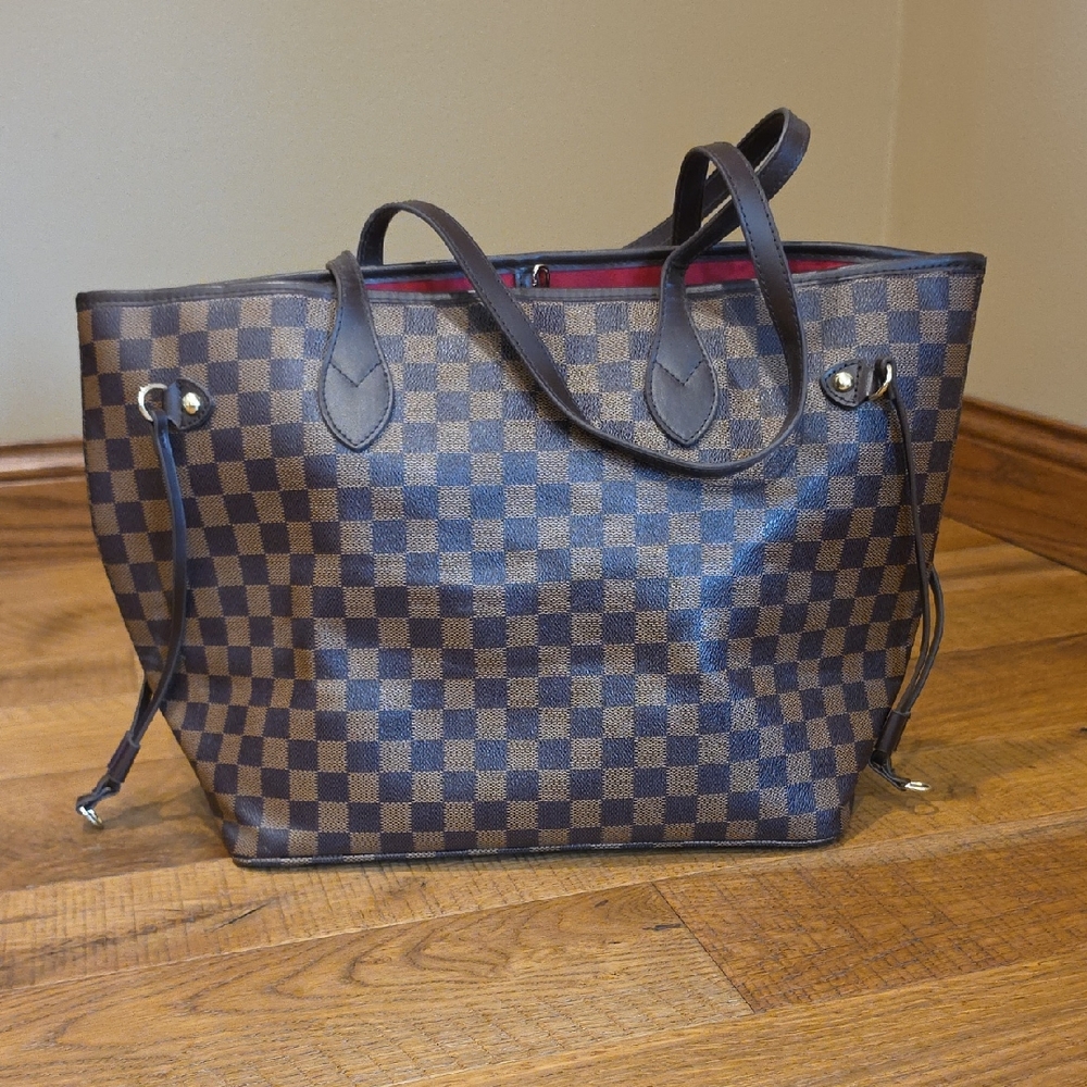 Classic Brown Checkered Tote with Red Interior